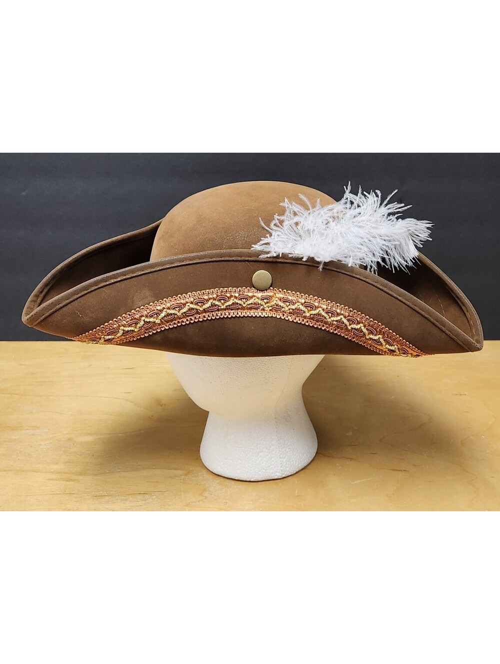Adult Brown Tricorn Hat Pirate Colonial Renaissance Costume Gold Trim Feather